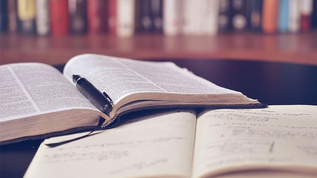 A close up of two unrecognisable books with a pen