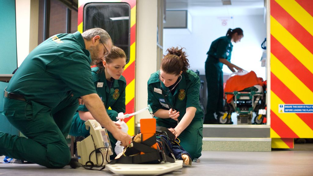 Paramedic Practice students carrying out a paramedic simulation situation at the St. James' campus