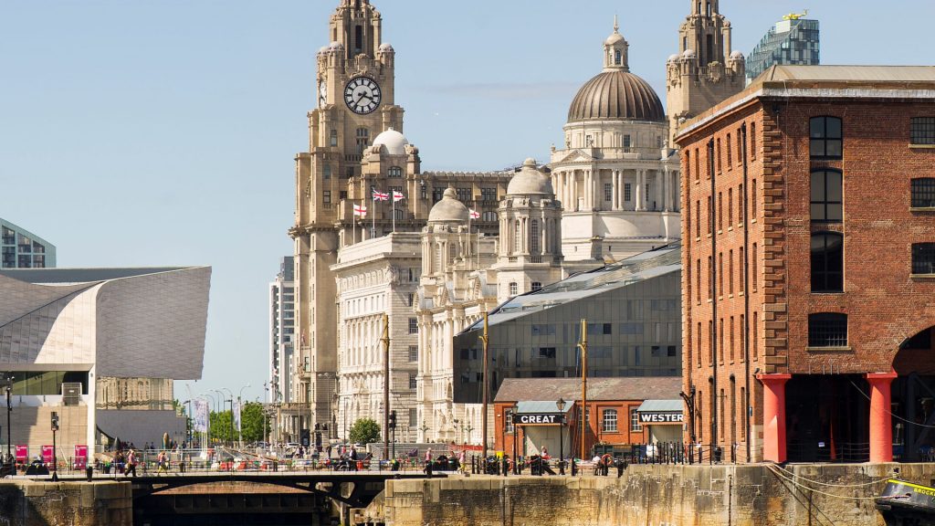 An image of the waterfront in Liverpool, in this image you are able to see the docks, some of the various large building and museums.