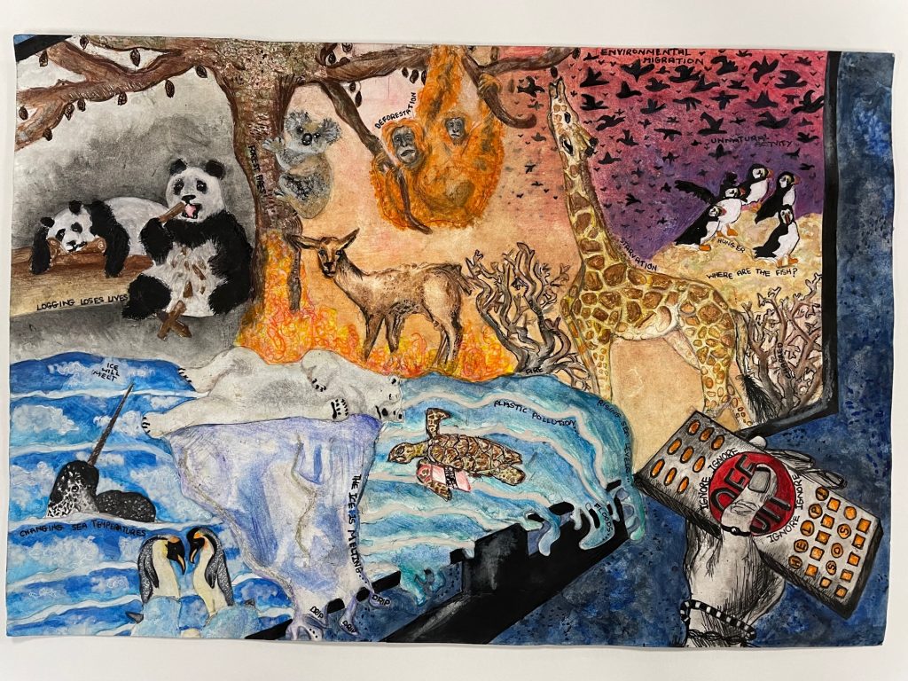 Animals facing extinction drawn onto a TV screen with someone holding a remote control.