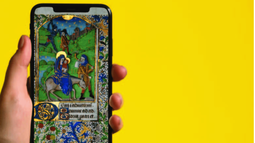 An image of a mobile phone, on the phone is an image of a medieval drawing and text underneath. The image is on a yellow background.