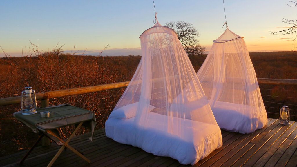 Two beds on an outside wooden patio. Both beds are covered by insect nets.