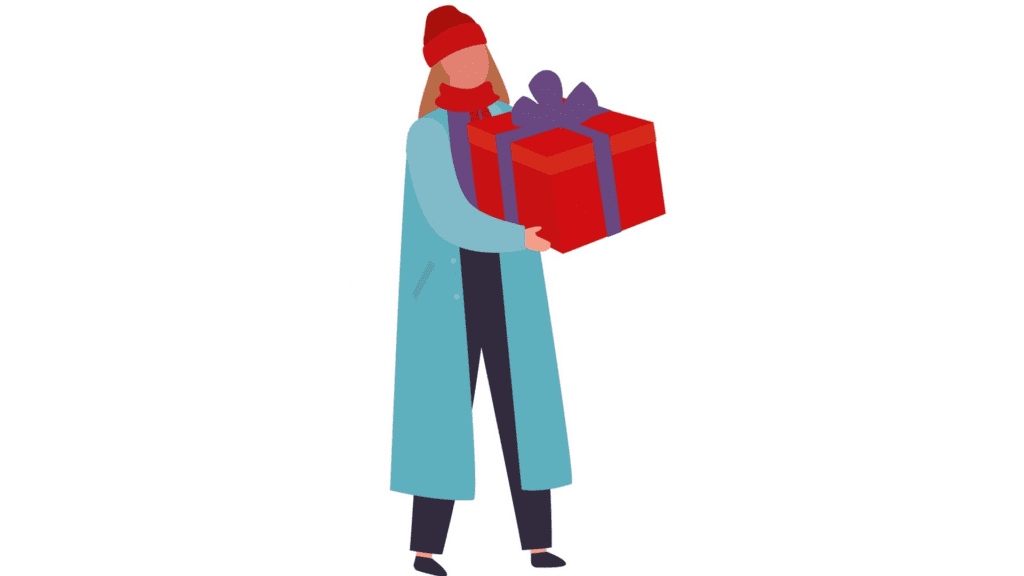 Graphic of a person holding a Christmas present wrapped in red paper. They are wearing a blue winter coat and a red wool hat.