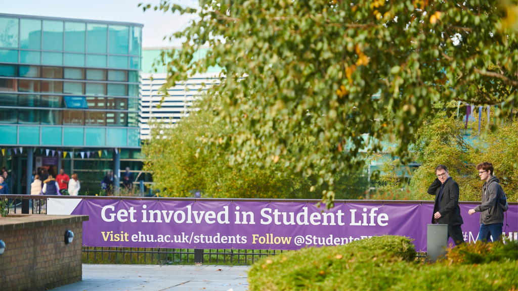 The Western campus on an Open Day. There is a sign advertising Student Life activities.
