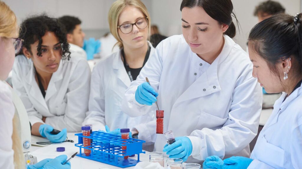 Students take samples in the BioSciences laboratory