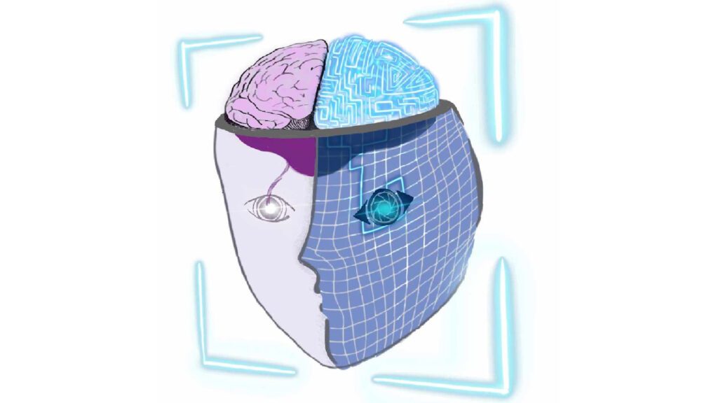 An illustration of a head which is half human and half cybernetic, showing a split brain.