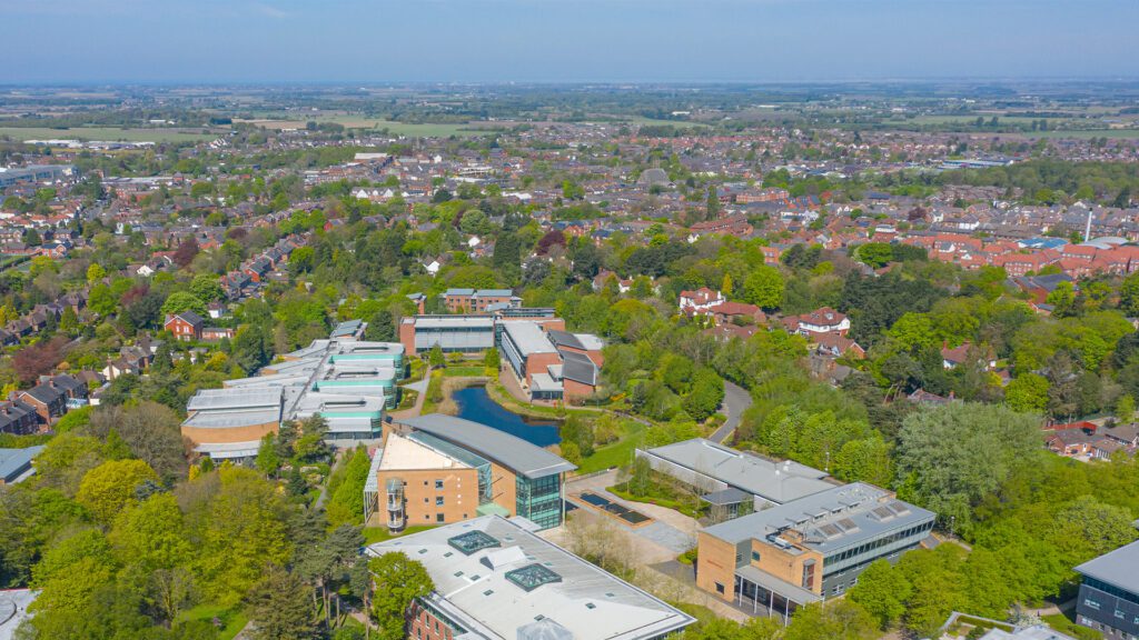 aerial shot of western campus and Ormskirk town centre