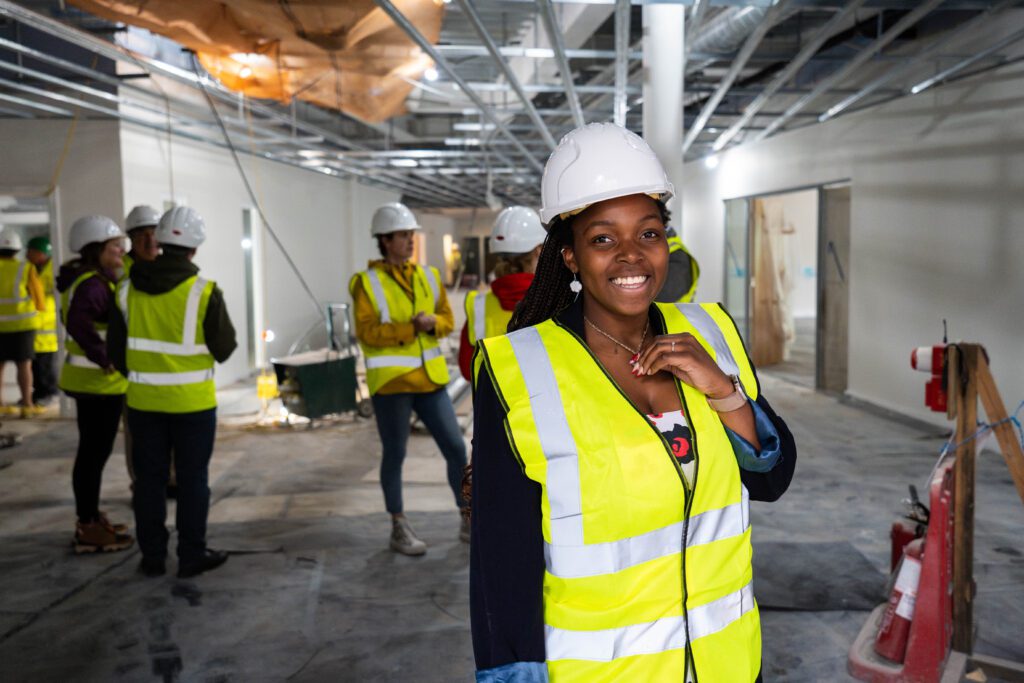 Current student at the site of the Life Sciences Building