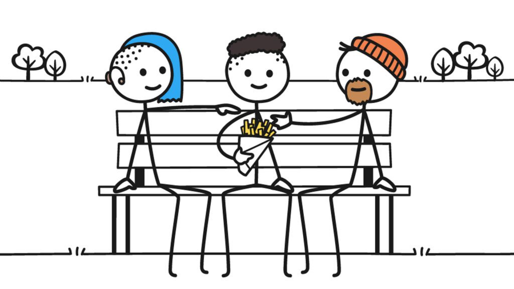 A illustartion of three people on a bench. The person in the middle had a bag of chips and the others are reaching across to share them.
