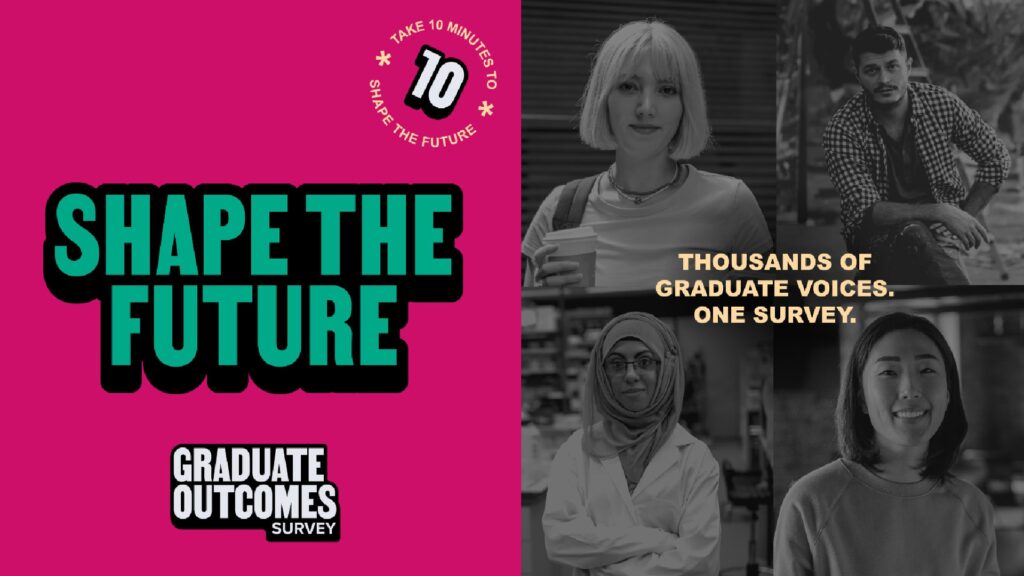 "Shape the Future" Graduate Outcomes survey. Thousands of graduate voices. One Survey.