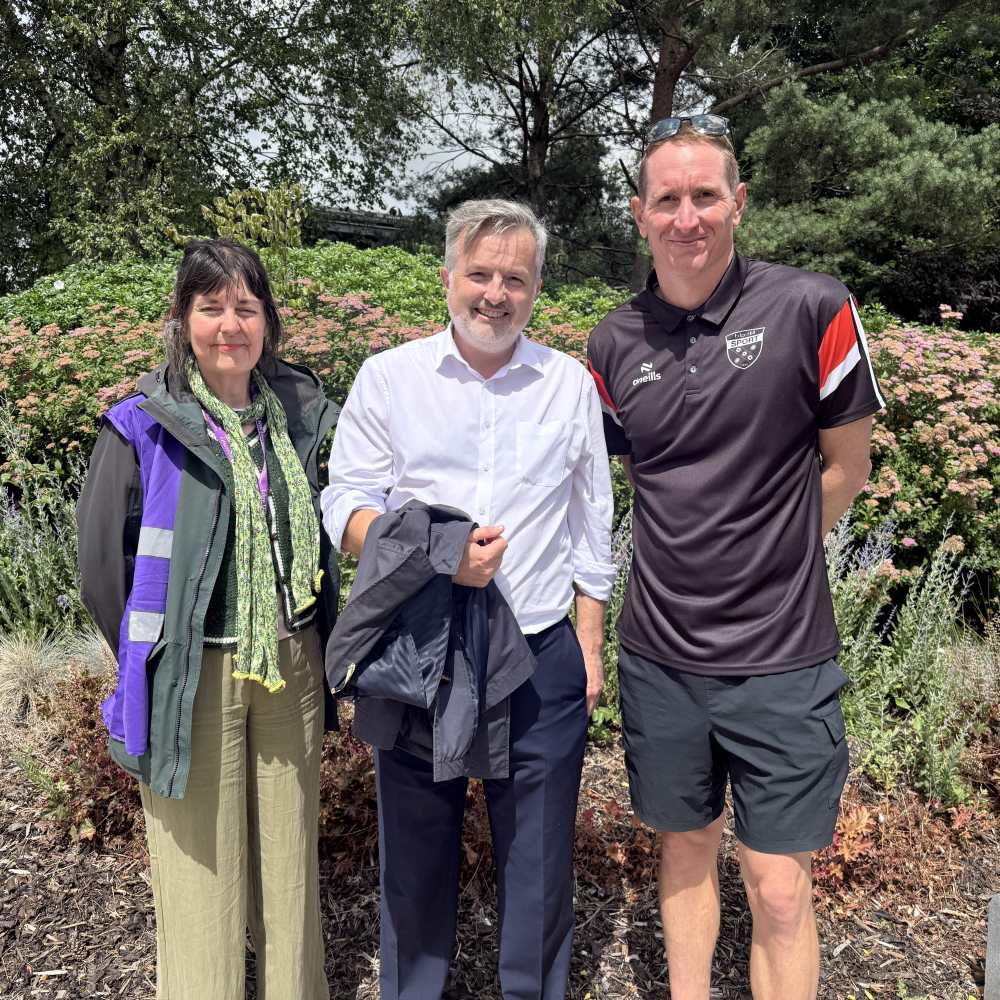 image of Dr Michelle Howarth, Professor Michael Young and Chris Kirkland outside in the garden.