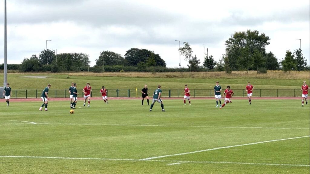 Footballers on a football field playing.