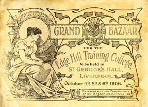 Hand-drawn, illustrated poster for "Grand Bazaar for the Edge Hill Training College, to be held in St George's Hall, Liverpool, 1906"