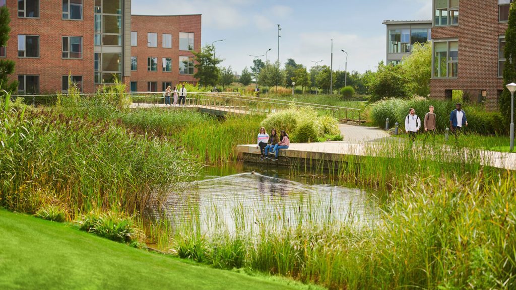 Students sitting at the lake by Chancellor's court whilst other students walk by.