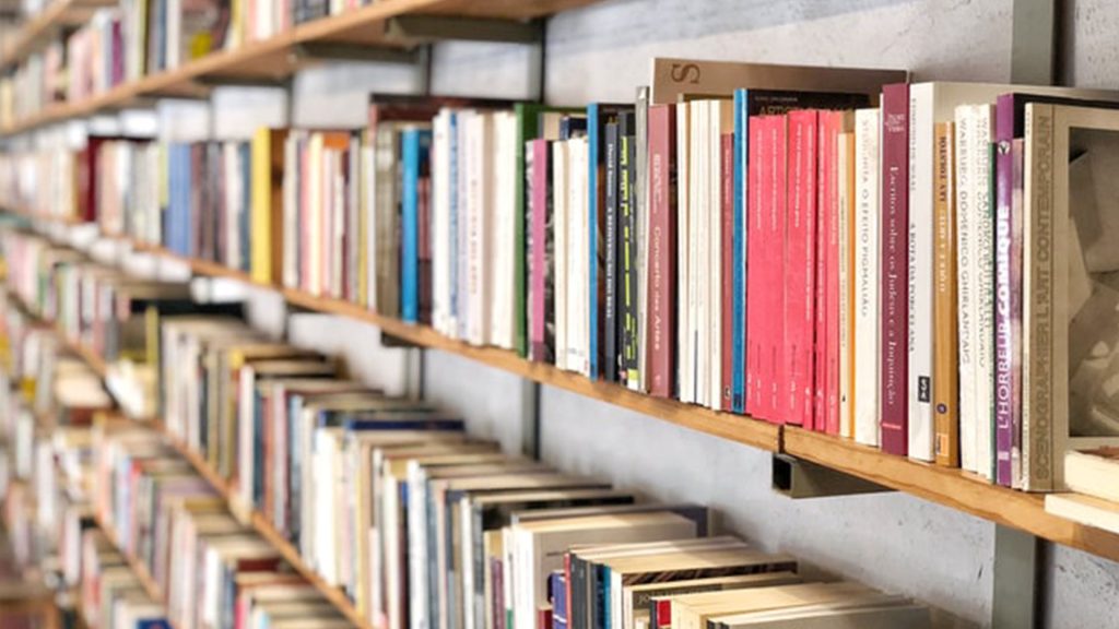 A range of books on wooden bookshelves