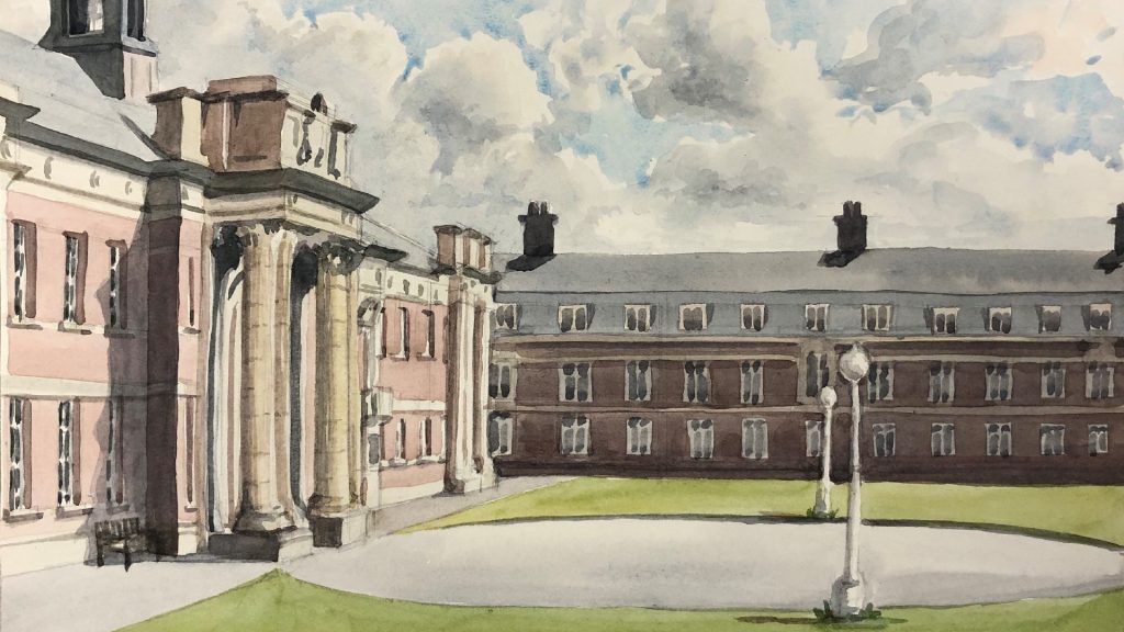 Watercolour painting of the Ormskirk campus main building.