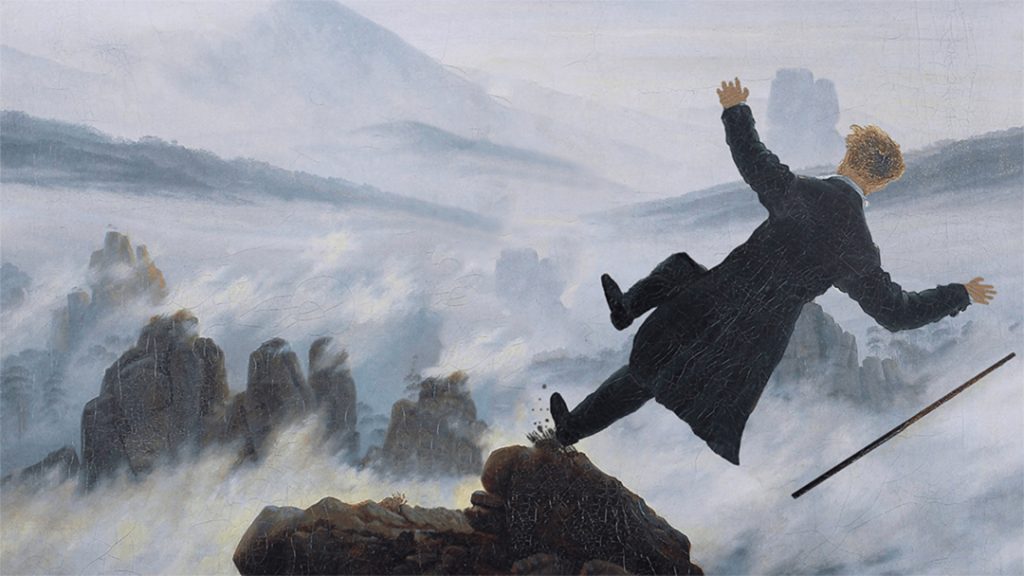 Parody of Friedrich's 'Wanderer over a sea of Fog' in which a man falls off a mountain