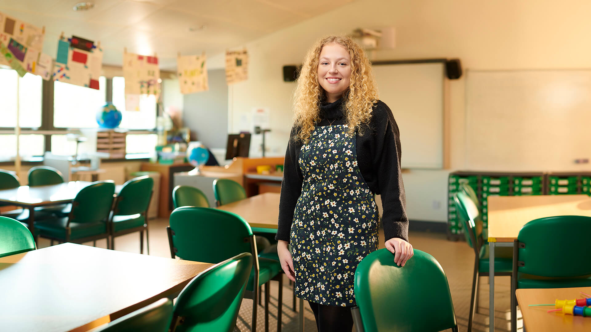 Hannah Baskeyfield in a classroom.