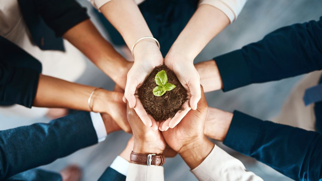 High angle shot of a group of business colleagues holding a budding plant growing out of soil in their hands