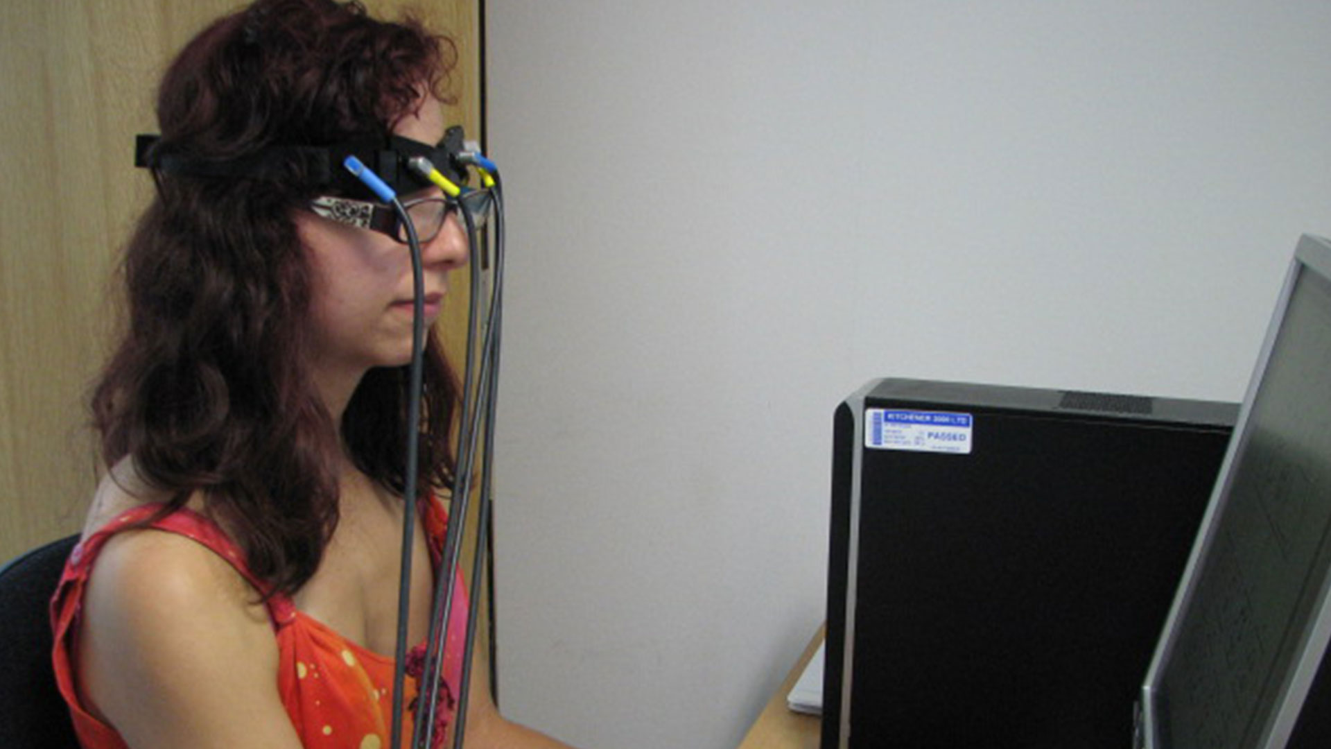 A research participant wearing the Near infra-red Spectroscopy (NIRS) equipment as part of Psychology research