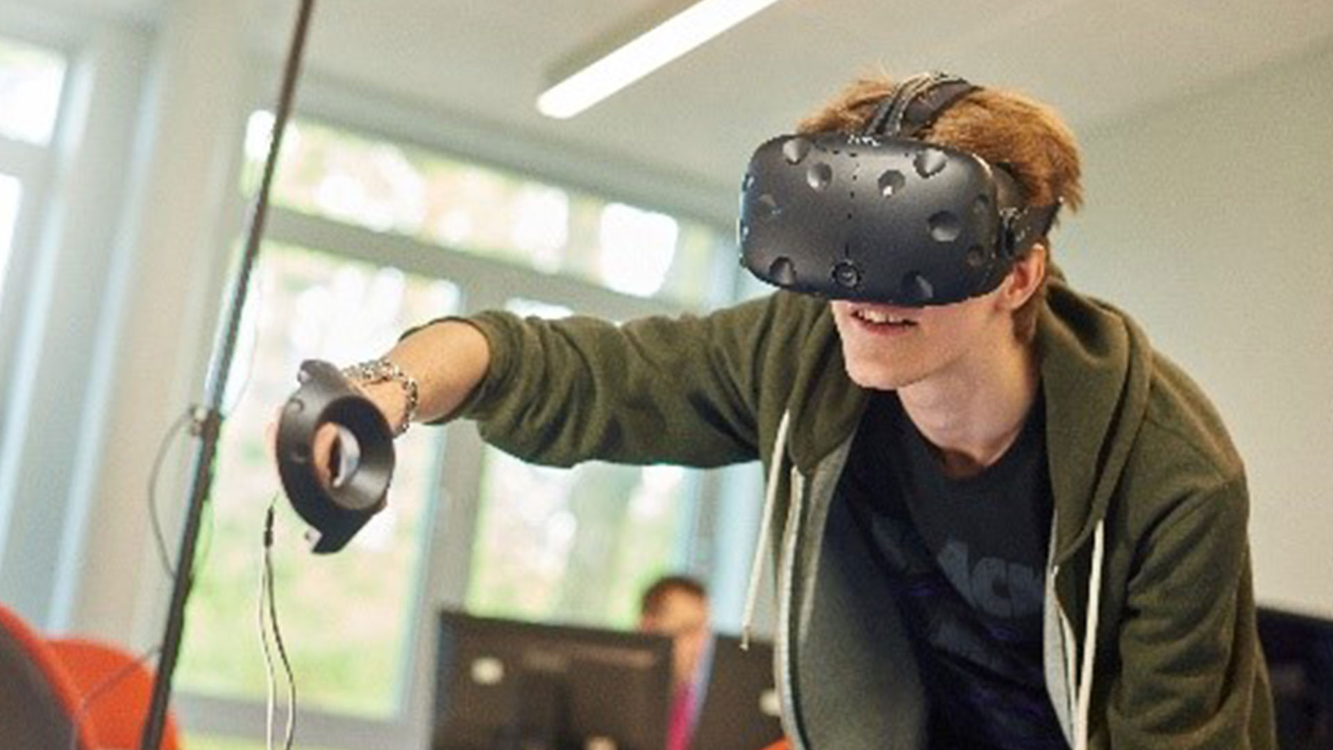 Student with a virtual reality headset on