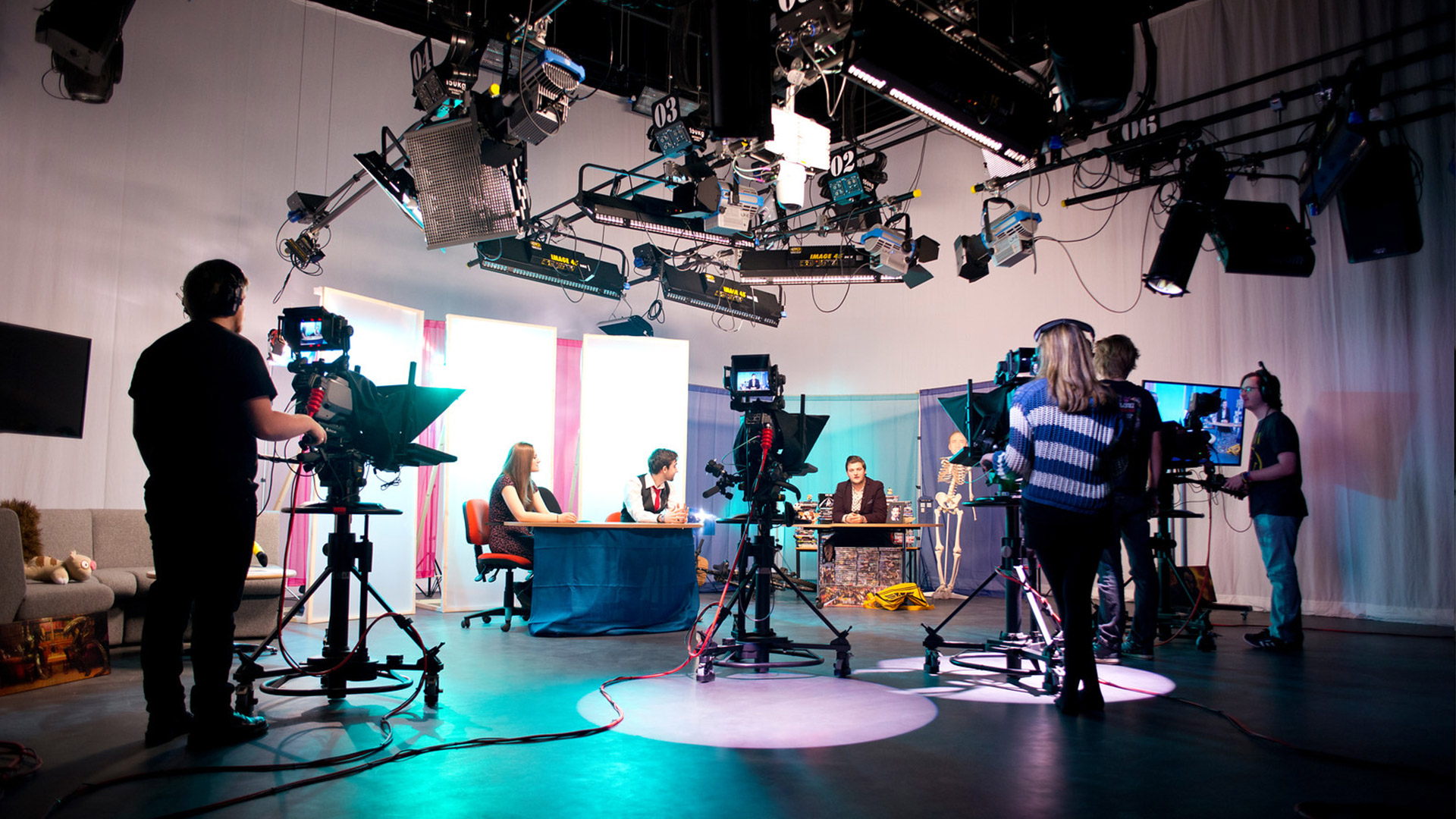 The TV studio with lighting and camera equipment