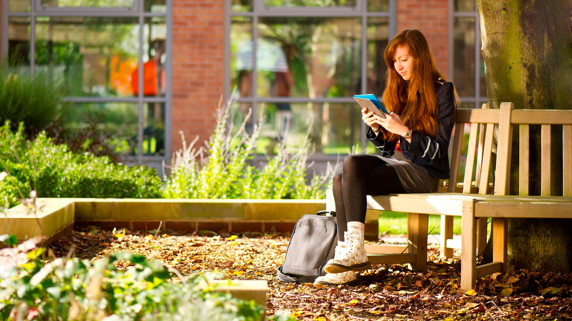 Student reads on a bench in a courtyard by the Main Building.
