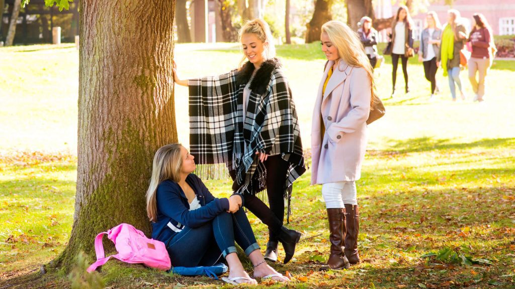 Two students stand in the Sunken Garden on campus while another sits on the grass and rests against a tree.