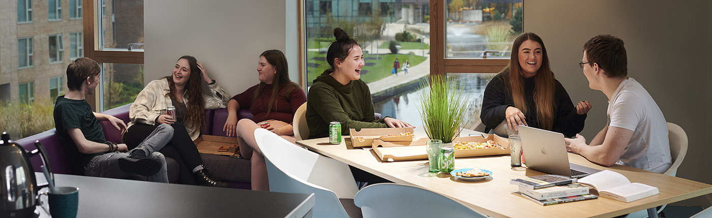 A group of students sit in their student accommodation.