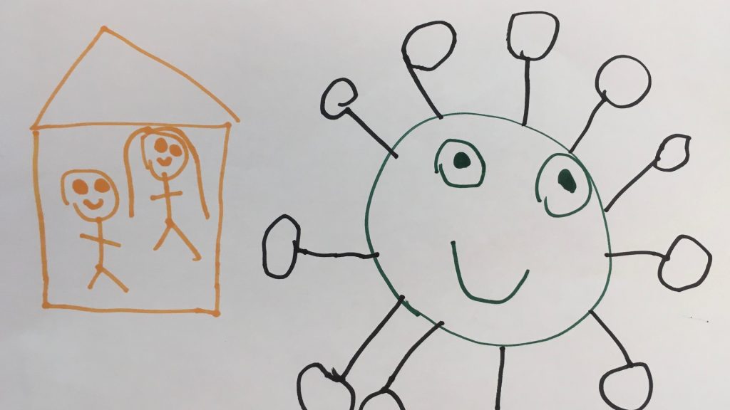 A childs drawing of the coronavirus. There is an orange house to the left of the drawing that has two stick figures inside. To the right of the house there is a black and white monster with lines coming away from it that have large circles on the end.