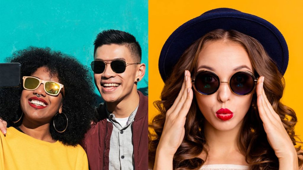 Examples of unacceptable ID photos. The images are of people posing with sunglasses on against bright and colorful backgrounds. 