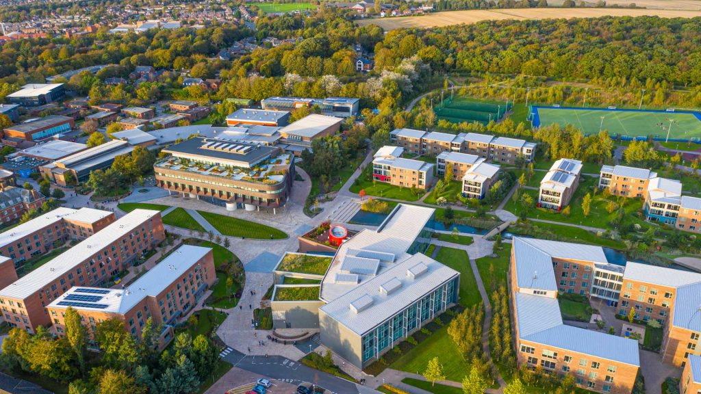 Aerial view of Edge Hill University campus showing Creative Edge and Catalyst