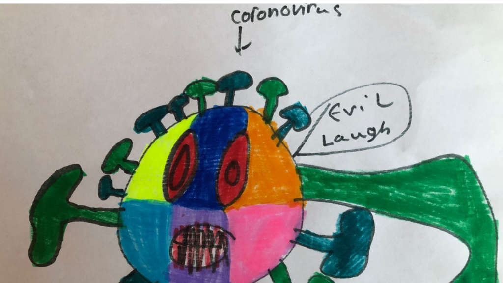 A childs drawing of the coronavirus. There is a monster in the middle of the drawing that has green legs and arms. There is a speech bubble coming off of the monster that says "Evil Laugh" and an arrow pointing to the top of the drawing that says "coronavirus"