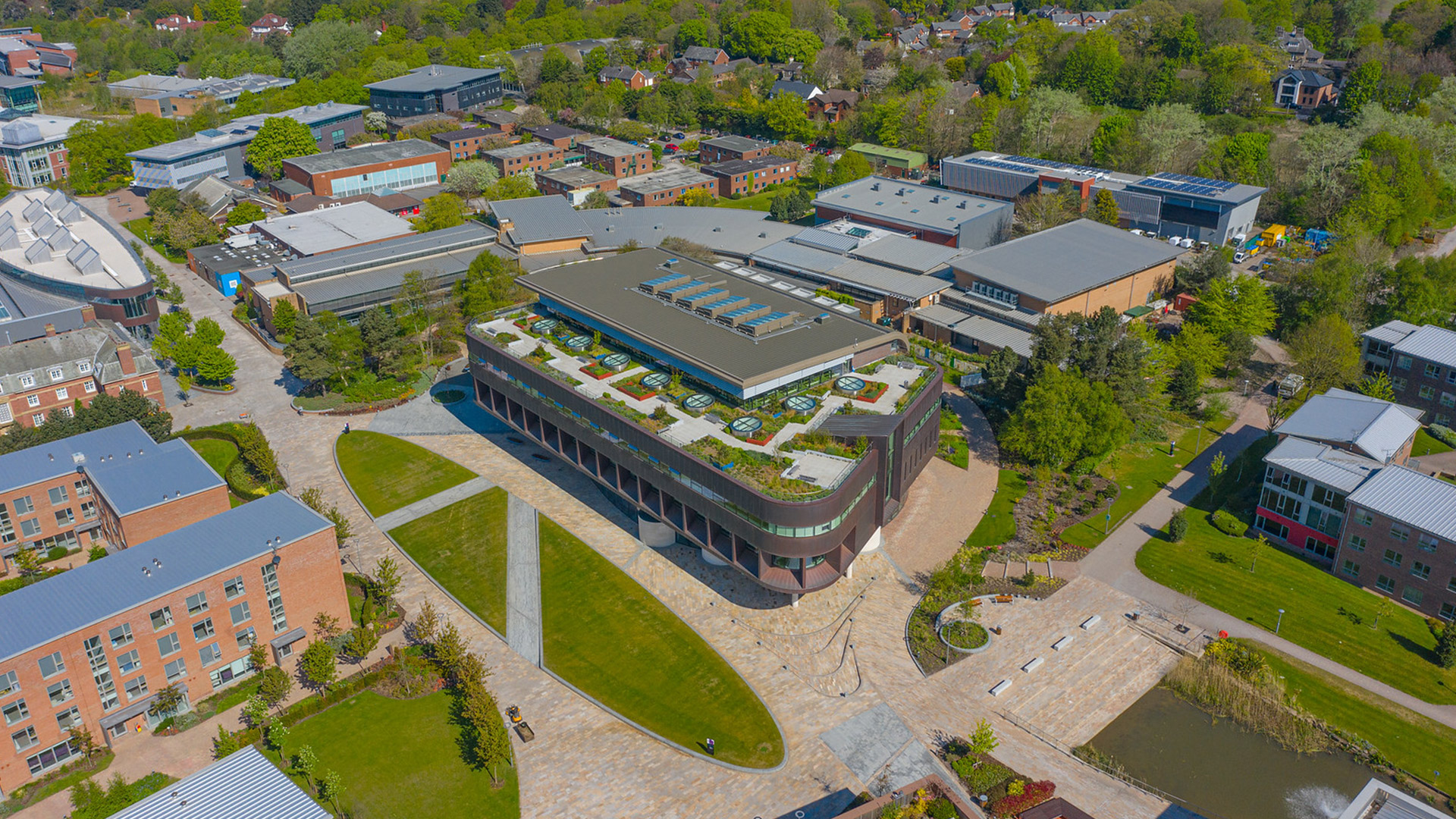Aerial photograph of the campus focusing on the catalyst and wilson centre