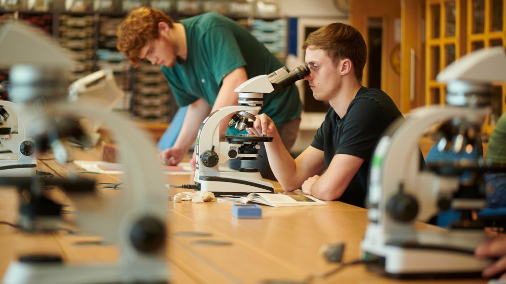 Geography students using microscopes in the lab