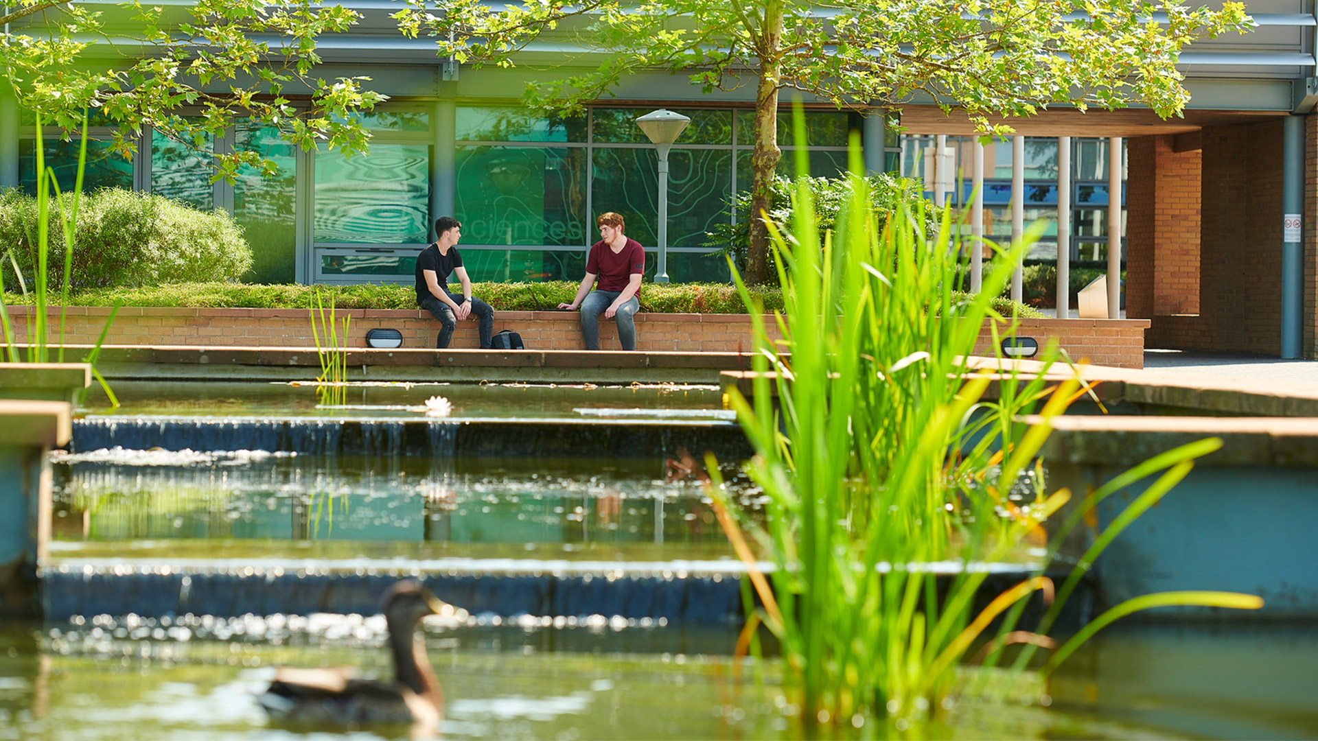 The outside of the Geosciences lab with pond and nature surrounding it