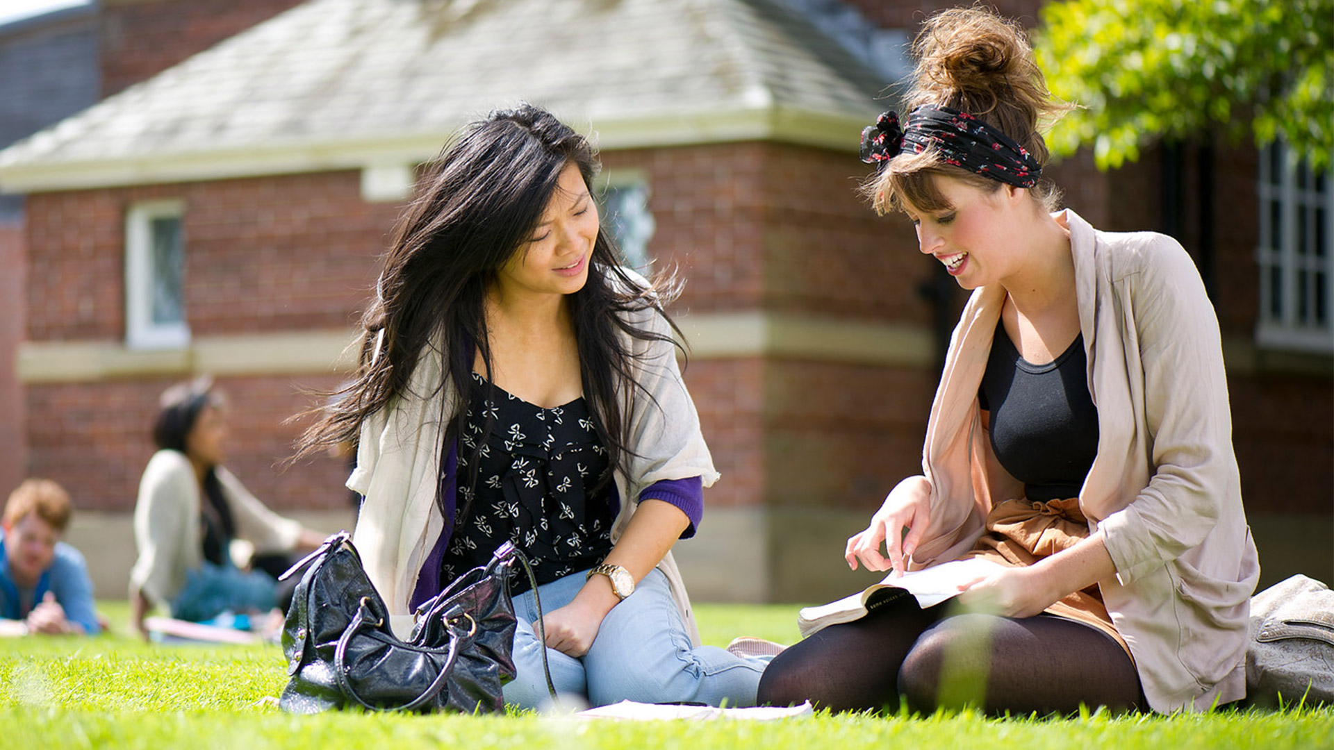 Two students sat on the grass outside reading from the same book