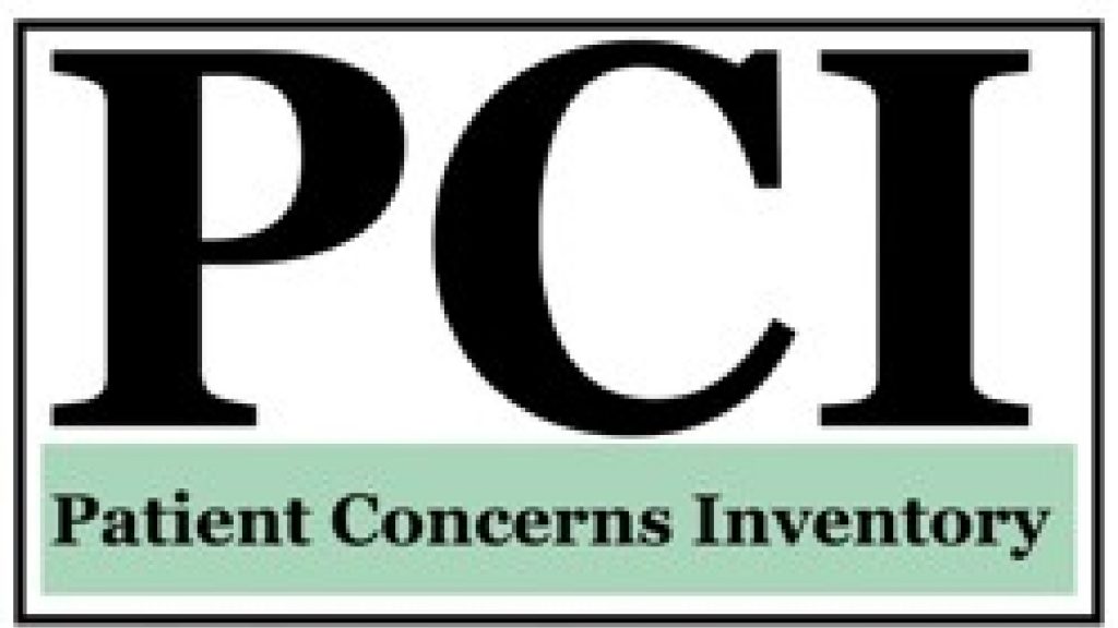 The Patient Concerns Inventory logo, there is black text that says PCI on a white background. Under this there is text that says "Patient Concerns Inventory", this text is black on a light green background.