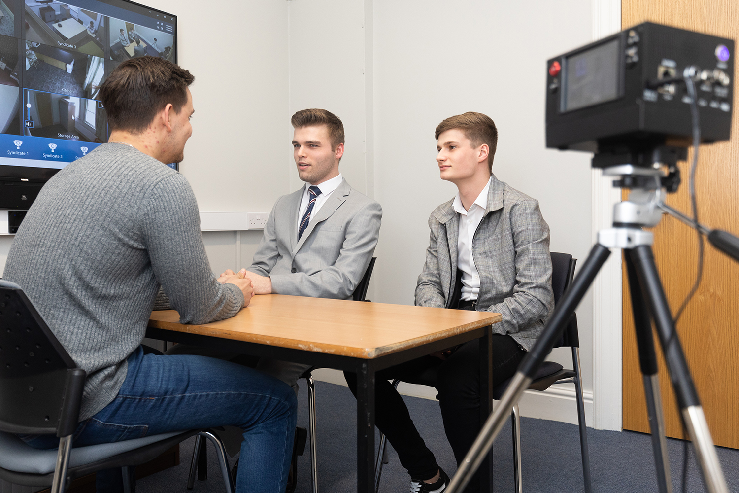 Students practice their interrogation skills in the EHU Police Training and Simulation Facility.