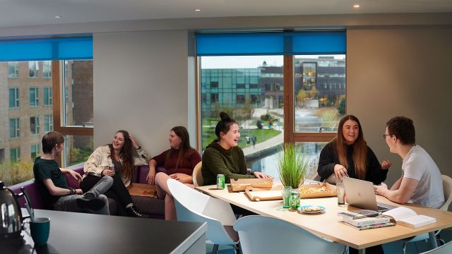 A group of people are sat around a table and on a couch in one of the accomodation blocks overlooking the lake on the Edge Hill University campus.