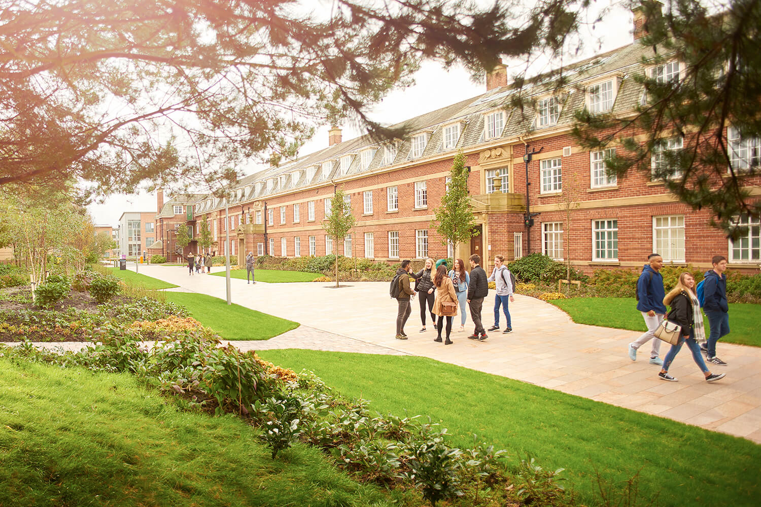 A group of students chat on the path between the Main Building and Woodland Court.