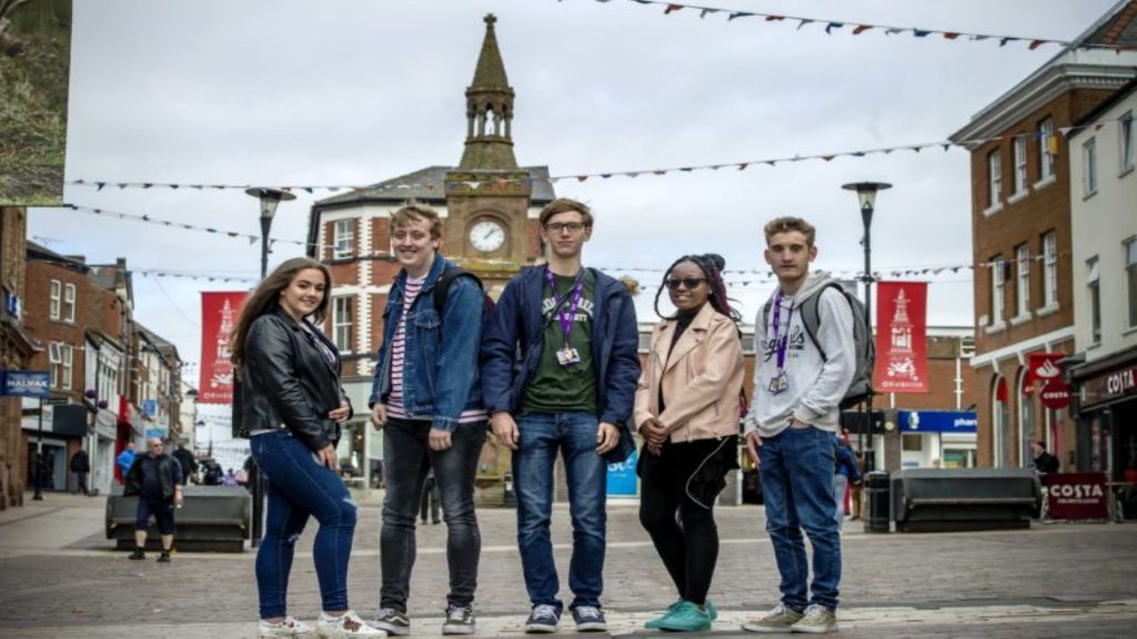 A group of students stood in Ormskirk town centre.