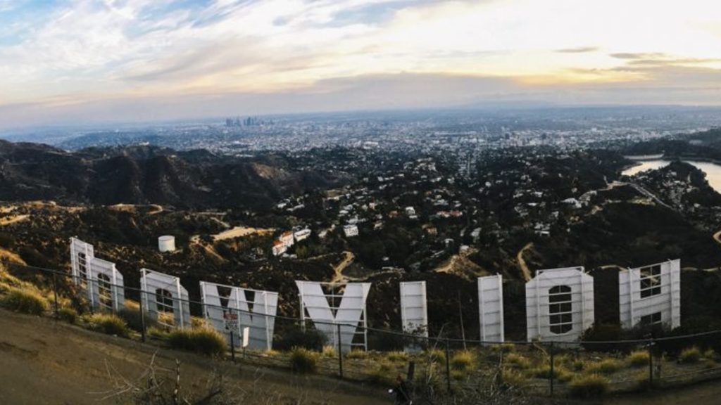 An aerial shot of the back of the 'Hollywood' sign. 