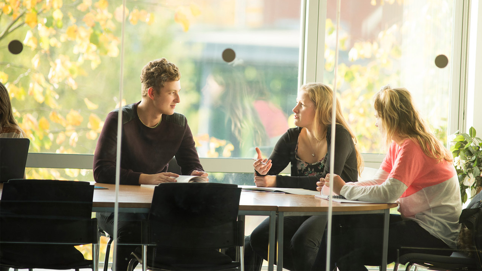 Three students meeting around a table