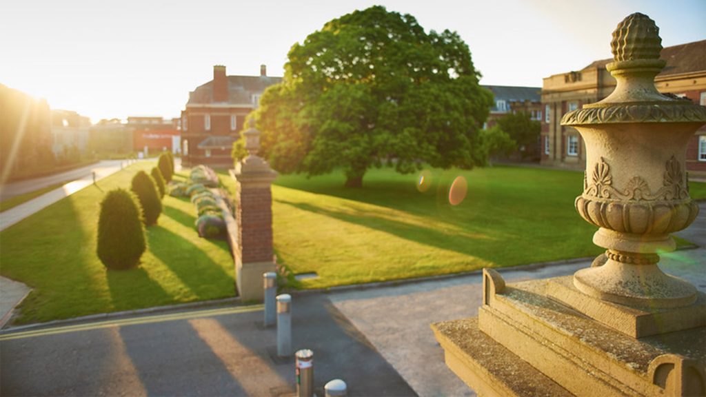 A campus image as the sun sets