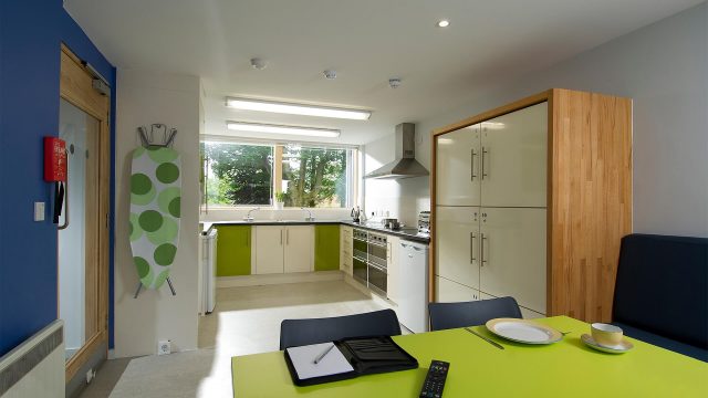 An image of a kitchen within one of the accomodation blocks at Edge Hill University.
