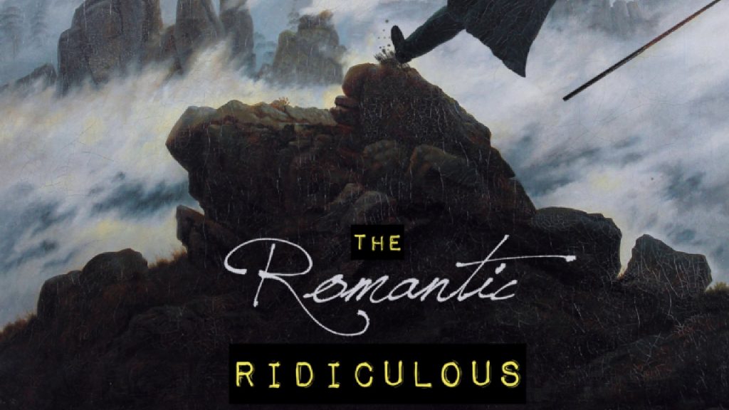 A poster for "The Romantic Ridiculous" featuring a person falling off a stack of rocks into a large body of water. 