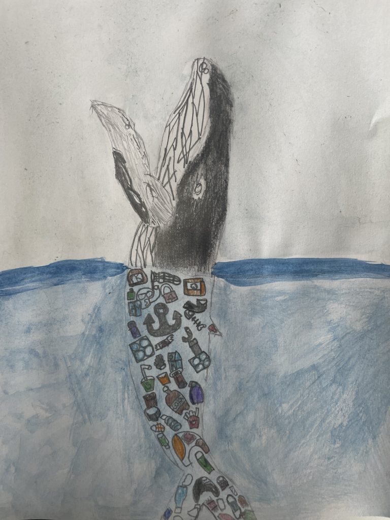 A whale above the sea with all the rubbish he's eaten shown inside of him.