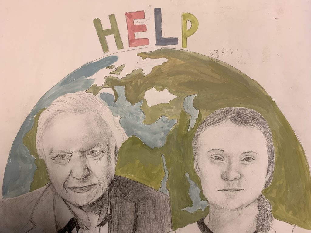 David Attenborough and Greta Thunberg drawn in front of planet Earth with the word Help in capitals behind them.