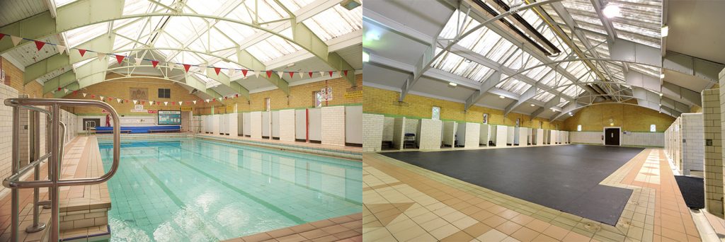 A composite image showing the pool when it was open to swimmers and on the right, as a performance space